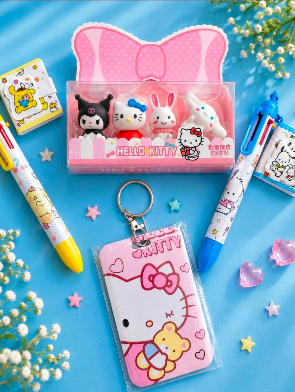 Hello Kitty & Friends Bundle Cardholder Keychain, Multicolor Pens & Erasers Set